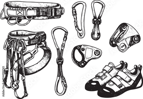 Detailed black and white illustration of various rock climbing e