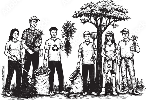 Illustration of volunteers cleaning up the environment and helpi