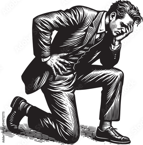 Distressed businessman kneeling in an expressive woodcut illustr