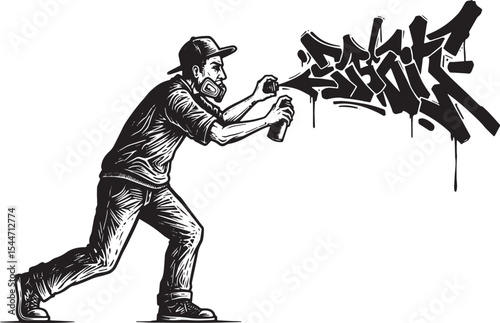 Graffiti artist spraying artwork on a wall with aerosol can in b