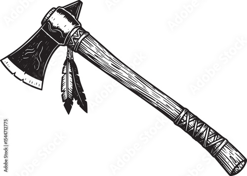 Detailed black and white illustration of an axe on a white backg