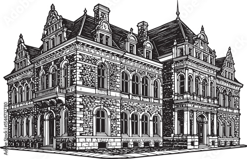 Detailed black and white illustration of a grand, historic stone