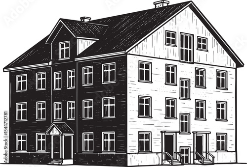 Black and White Illustration of a Detailed Building with Archite