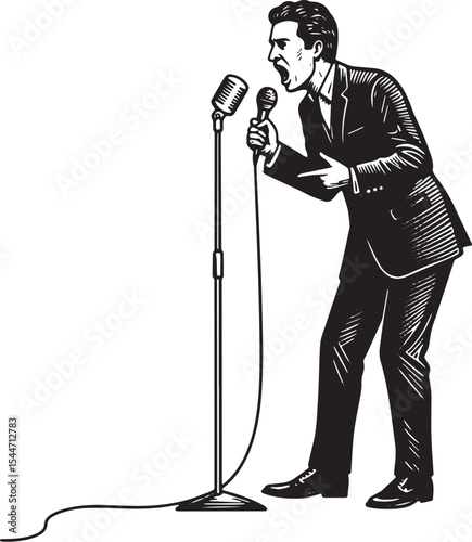Illustration of a man in a suit singing into a microphone on a w