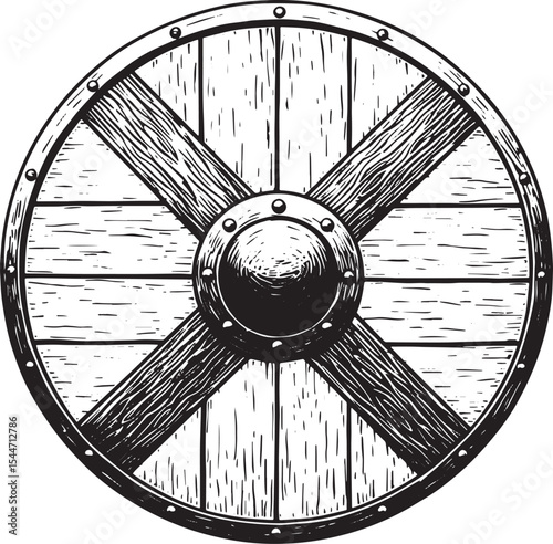 Detailed Black and White Illustration of a Viking Shield on a Wh