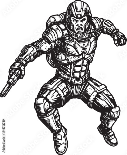 Intense Illustration of a Futuristic Soldier in a Detailed Battl