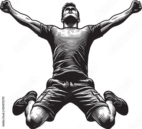 Dynamic woodcut illustration of a man leaping in triumph with ar