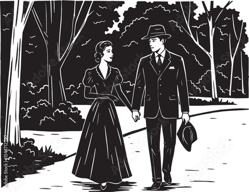 Romantic couple walking in a park, vintage black and white illus