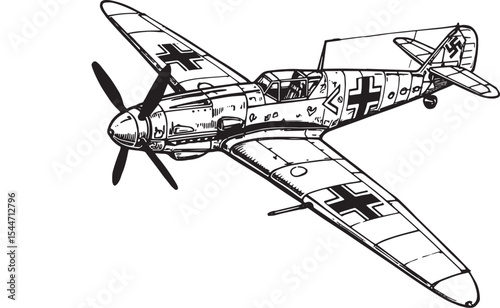 Detailed black and white illustration of a Messerschmitt Bf 109