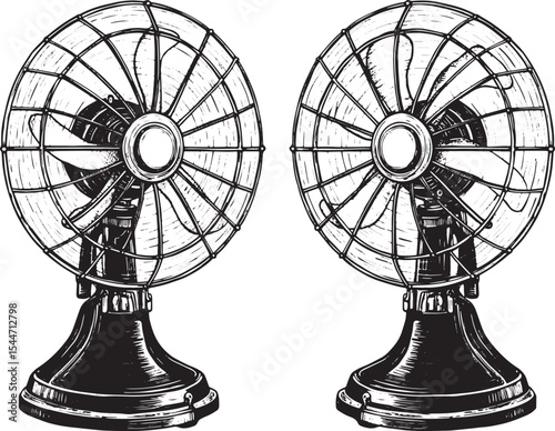 Vintage electric fans illustration in black and white with detai