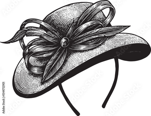 Elegant black and white drawing of a vintage hat with feather an