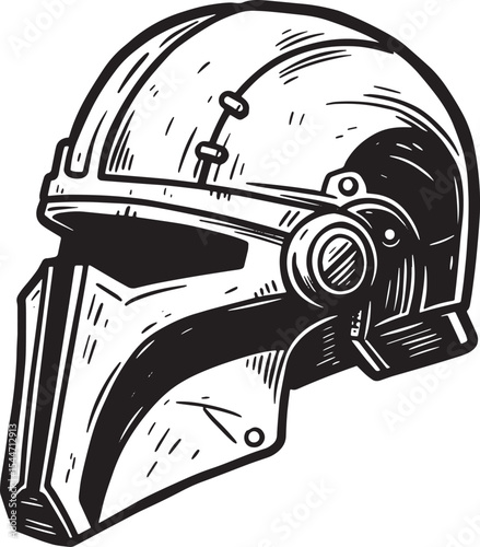 Detailed Black and White Illustration of a Futuristic Helmet on