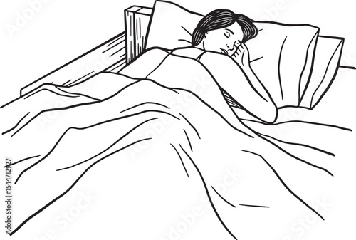 Monochrome illustration of a person sleeping peacefully in bed w