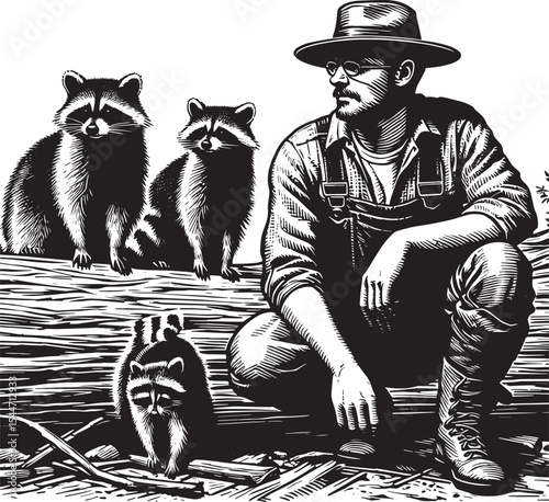 Woodcut illustration of a curious encounter: A man and a raccoon