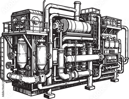 Intricate Black and White Illustration of an Industrial Machine
