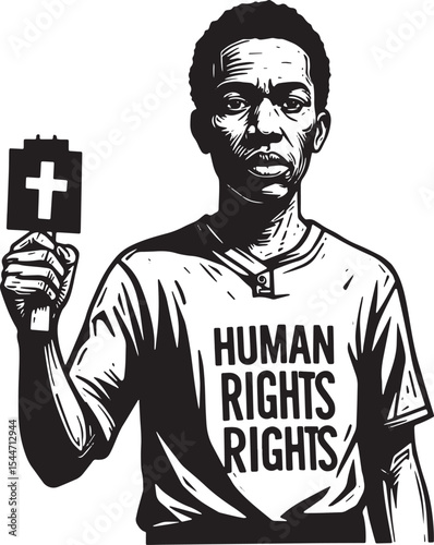 Artwork depicting a man advocating for human rights with a cross