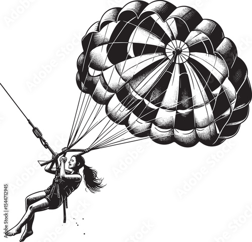 Dynamic monochrome illustration of a woman parasailing, isolated