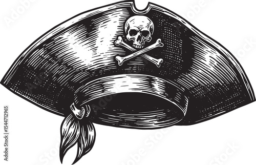 Detailed Black and White Illustration of a Pirate Hat with Skull