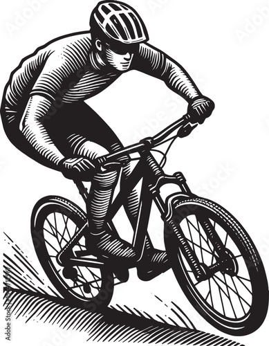 Dynamic woodcut illustration featuring a mountain biker against