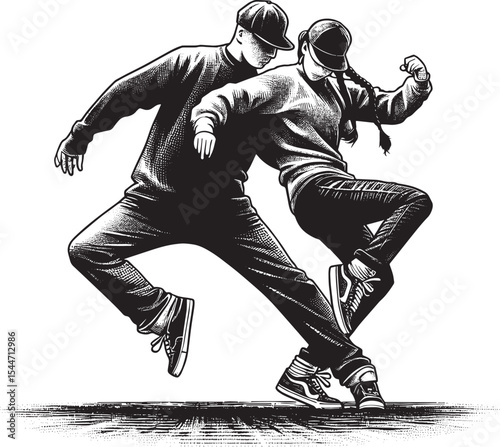 Dynamic duo executes street dance moves in monochrome woodcut st