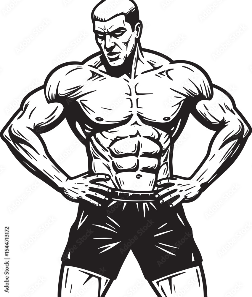 Fototapeta premium Strong Muscular Man Posing with Hands on Hips Illustration in Bl