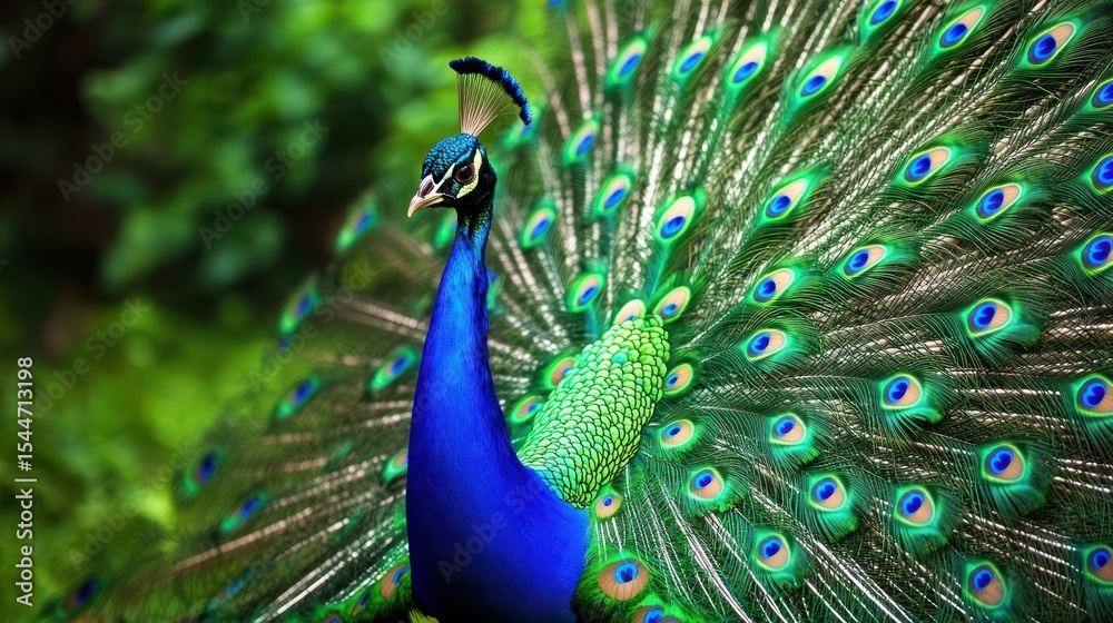 Obraz premium Peacock displays its iridescent plumage against a soft green background