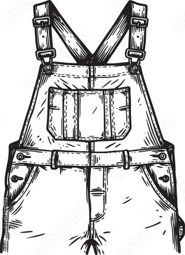 Detailed Black and White Illustration of Denim Overalls on a Cle
