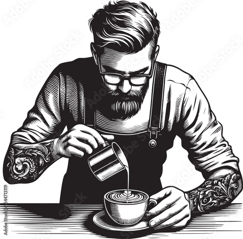 Artistic barista crafting intricate latte art with precision and