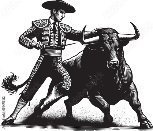Dramatic Monochrome Woodcut of a Matador Engaging a Bull in a Tr