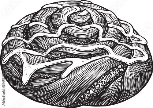 Detailed monochrome illustration of a delicious, freshly baked c