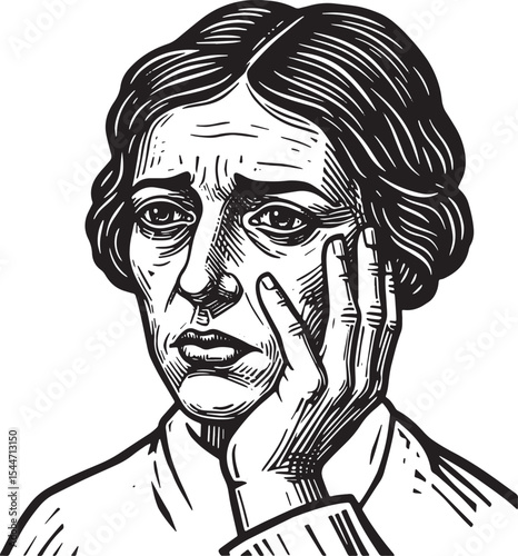 Anxious woman's engraved portrait in monochrome, depicting emoti