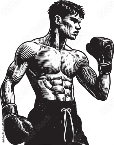 Engraved illustration of muscular male boxer with gloves ready t