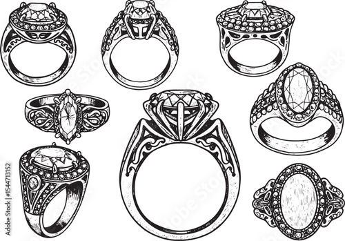 Detailed Hand-drawn Illustration of Various Elegant Diamond Enga