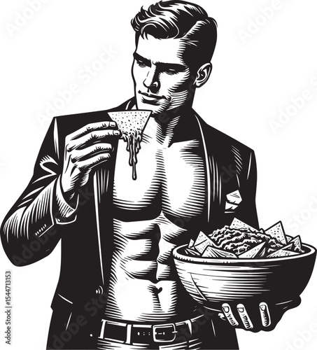 Engraved illustration: A man indulges in chips and guacamole wit