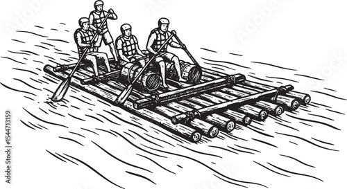 Black and white illustration of people rafting on a wooden raft