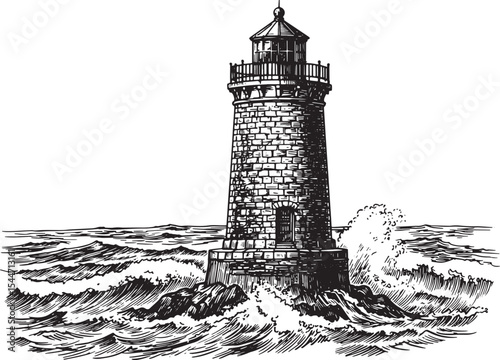Ink Illustration of a Lighthouse on a Rocky Coast in a Stormy Se