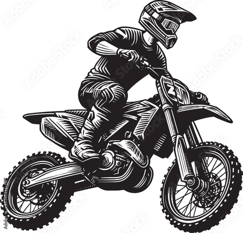 Monochrome illustration of a motocross rider in action on an iso