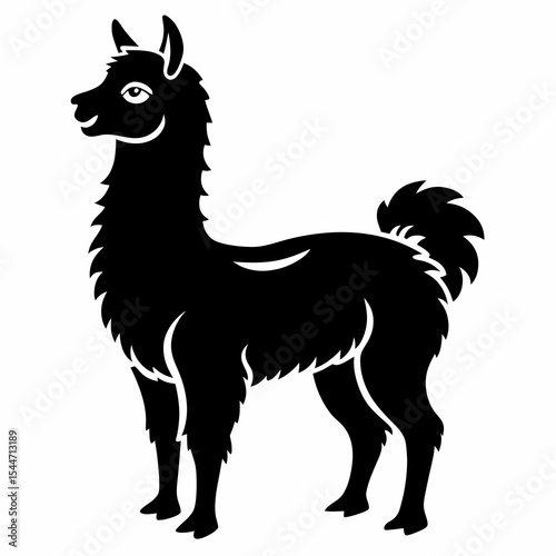 Cute llama silhouette standing profile isolated on white background