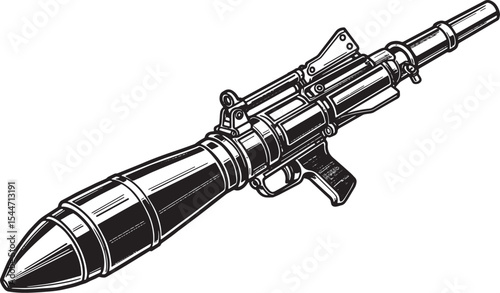Detailed black and white illustration of a rocket launcher weapo