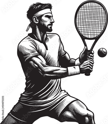 Monochrome tennis player illustration in action pose with racket