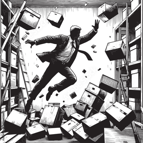 Precarious predicament illustration: Man dodging a chaotic casca