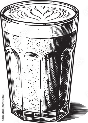 Vintage hand drawn illustration of a latte in a glass on a white