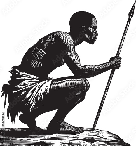 Hunter's Vigil: Crouching figure with spear scans landscape, woo