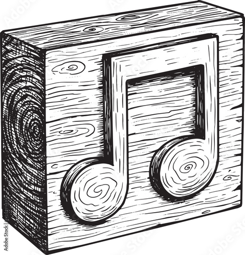 Artistic wooden block with a musical note illustration in black