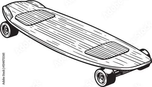 Black and white illustration of a longboard isolated on white ba