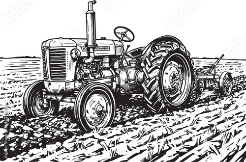 Vintage Tractor Plowing a Field in Black and White Illustration