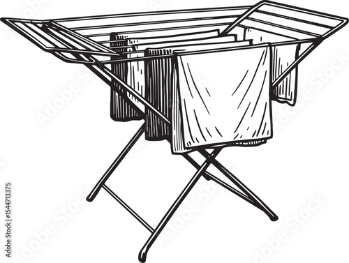 Hand-drawn illustration of a laundry drying rack with clothes ha