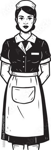 Vintage Illustration of a Female Waitress with Apron and Service