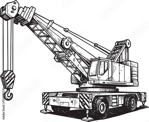 Detailed Black and White Illustration of a Mobile Crane for Cons