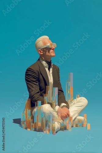 This striking image features a middle-aged Caucasian man seated in a meditative pose, surrounded by vibrant, abstract geometric shapes. The bright turquoise background enhances the modern aesthetic.